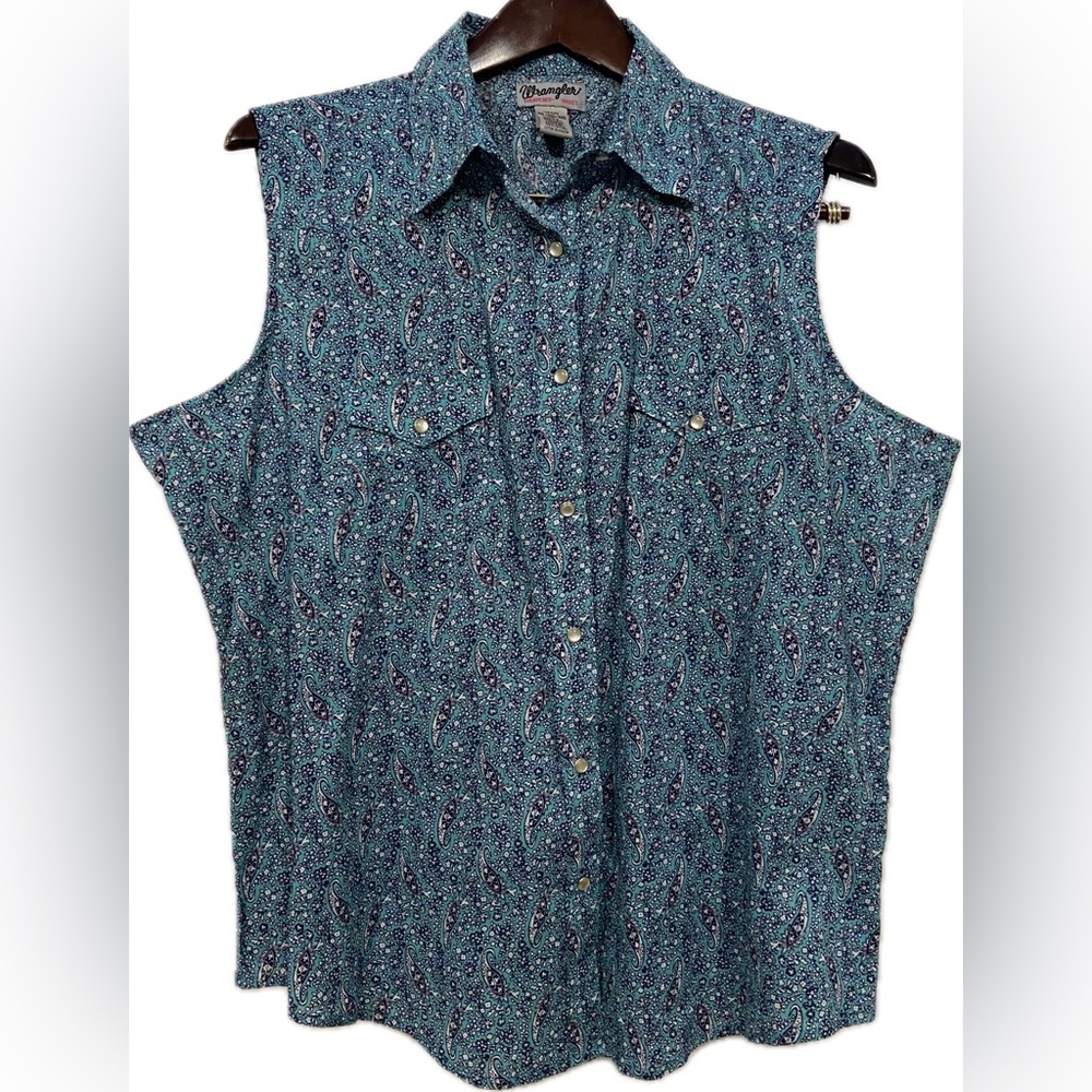 VINTAGE WRANGLER WRANCHER XXL WOMENS PEARL SNAP COTTON PAISLEY SLEEVELESS TOP